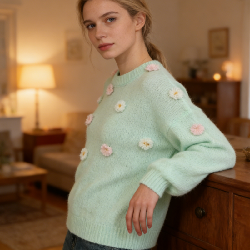 Damen Strickpullover Minzgrün mit Häkelblumen – Pastell Sommerstrick-Pulli, Lockerer Casual Look für Frühling