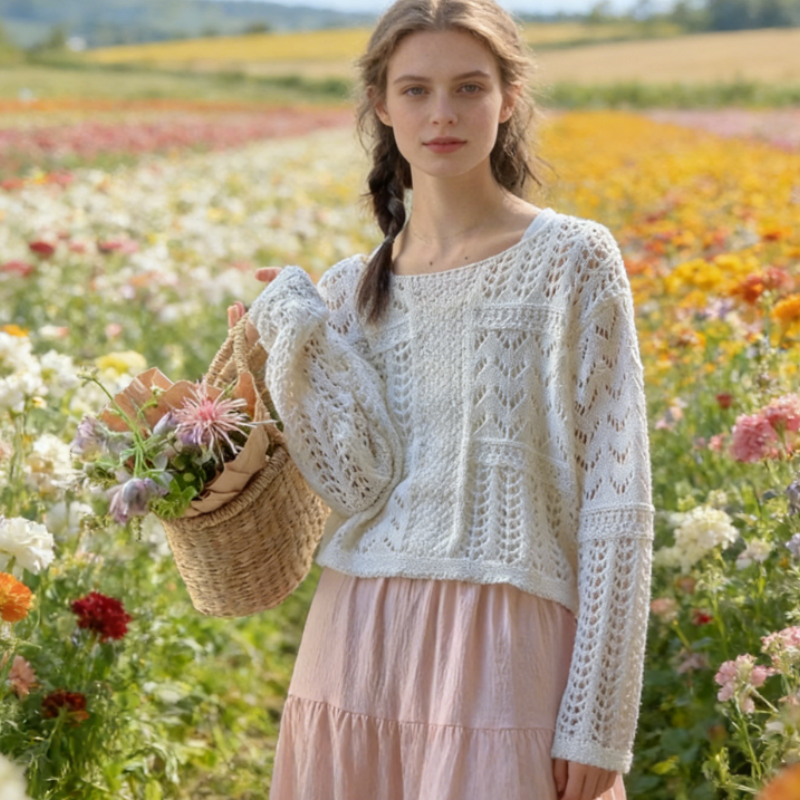 Luftiger Ajour-Strickpullover in Creme-Weiß – Minimalistisches Langarm-Oberteil im Boho-Look – Sommerlicher Feinstrick für Damen
