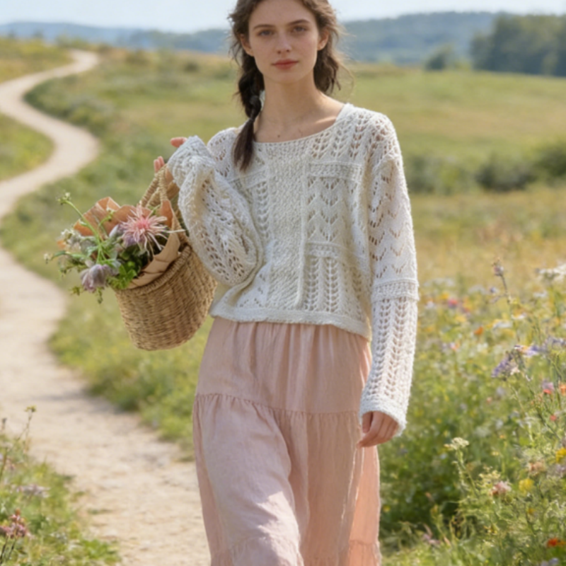 Luftiger Ajour-Strickpullover in Creme-Weiß – Minimalistisches Langarm-Oberteil im Boho-Look – Sommerlicher Feinstrick für Damen