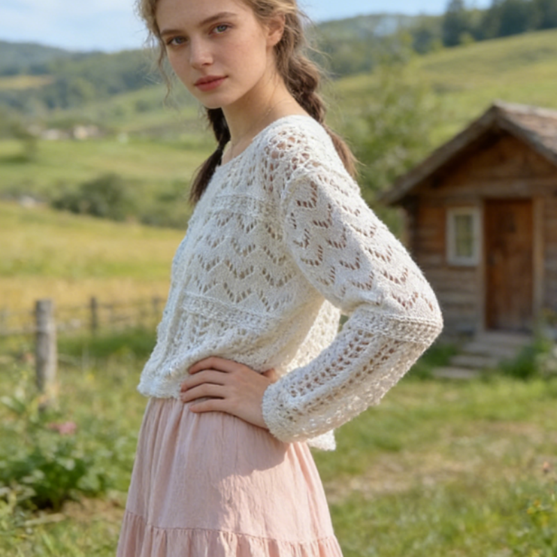Luftiger Ajour-Strickpullover in Creme-Weiß – Minimalistisches Langarm-Oberteil im Boho-Look – Sommerlicher Feinstrick für Damen