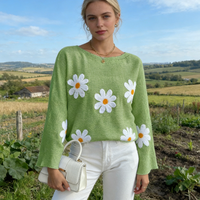 Strickpullover Damen Sommer Pastellgrün, Vintage Gänseblümchen Stickerei Strickoberteil, Casual Locker Oversize Pullover Langarm, Y2K Frühling Top S-XL