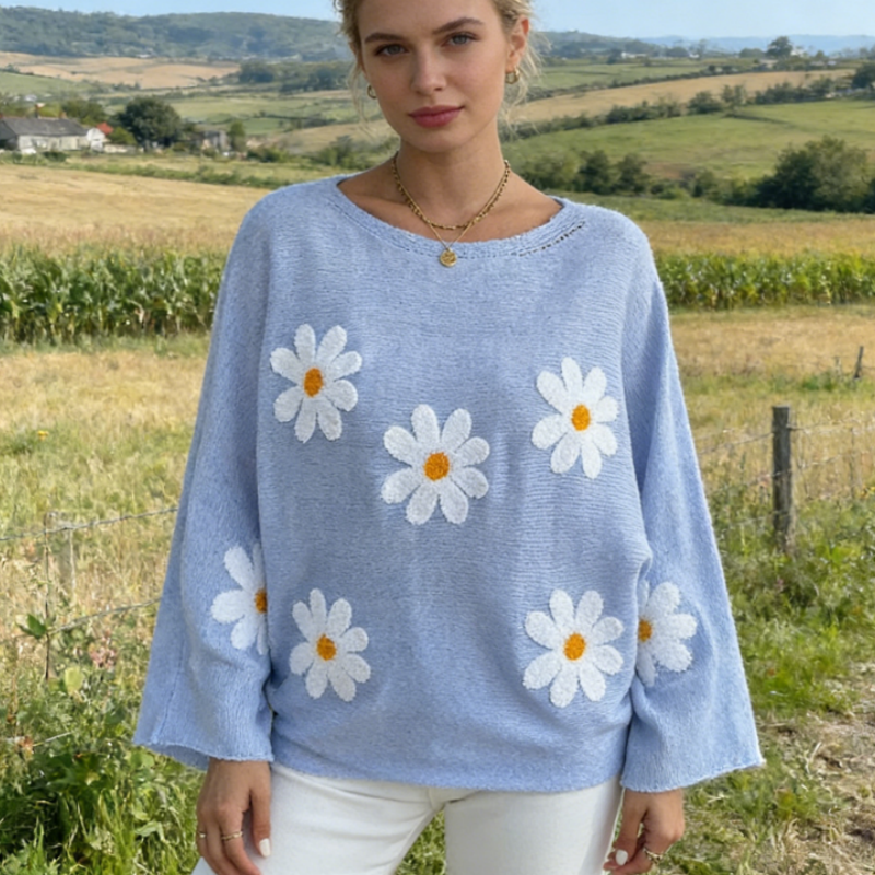 Strickpullover Damen Sommer Pastellgrün, Vintage Gänseblümchen Stickerei Strickoberteil, Casual Locker Oversize Pullover Langarm, Y2K Frühling Top S-XL