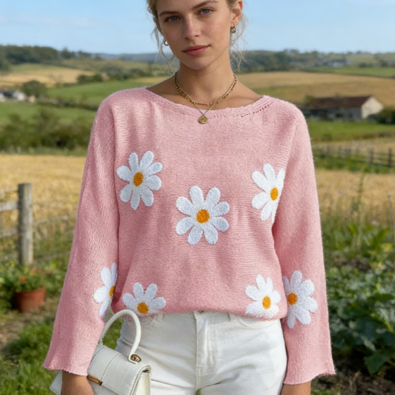 Strickpullover Damen Sommer Pastellgrün, Vintage Gänseblümchen Stickerei Strickoberteil, Casual Locker Oversize Pullover Langarm, Y2K Frühling Top S-XL