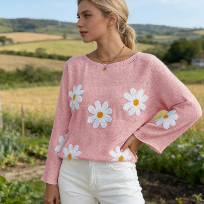 Strickpullover Damen Sommer Pastellgrün, Vintage Gänseblümchen Stickerei Strickoberteil, Casual Locker Oversize Pullover Langarm, Y2K Frühling Top S-XL