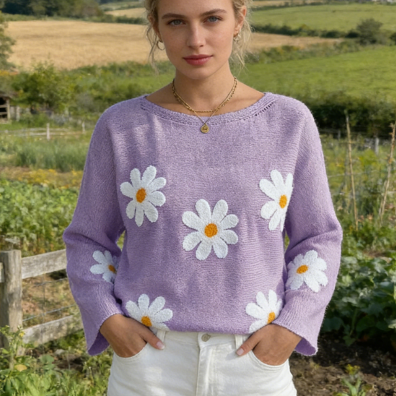 Strickpullover Damen Sommer Pastellgrün, Vintage Gänseblümchen Stickerei Strickoberteil, Casual Locker Oversize Pullover Langarm, Y2K Frühling Top S-XL