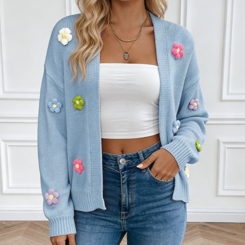 Strickjacke Damen mit 3D Blumen, Handgemachter Look Häkel-Cardigan V-Ausschnitt, Casual Locker Frühlingsstrickjacke, Y2K Boho Oberteile S-XL