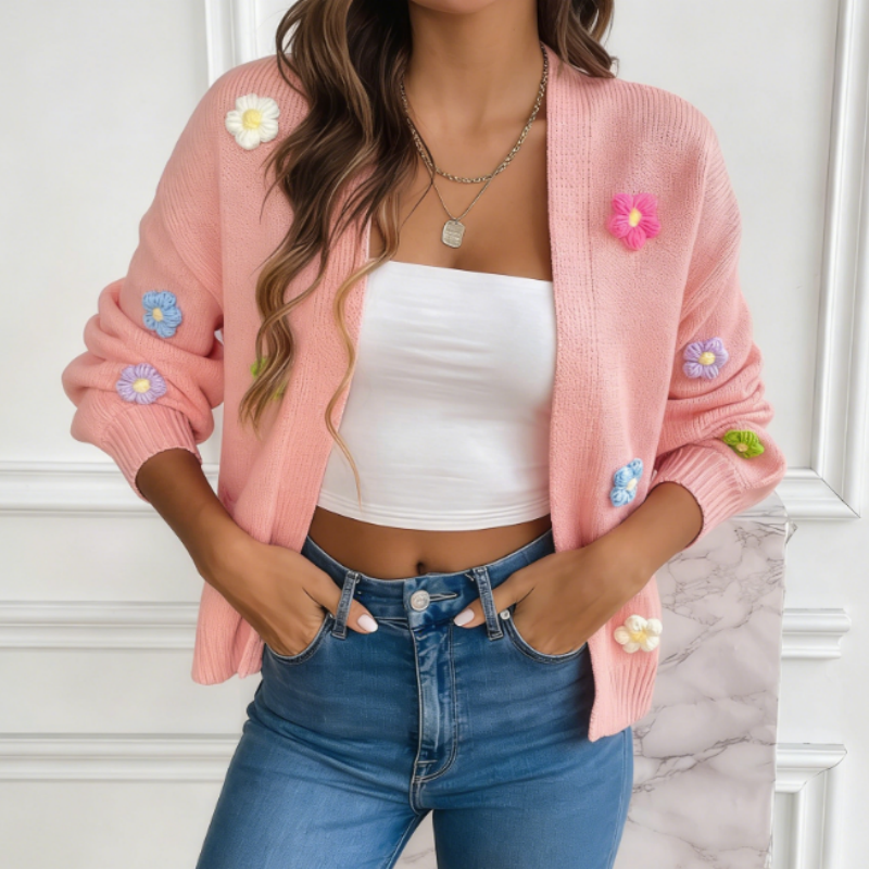 Strickjacke Damen mit 3D Blumen, Handgemachter Look Häkel-Cardigan V-Ausschnitt, Casual Locker Frühlingsstrickjacke, Y2K Boho Oberteile S-XL