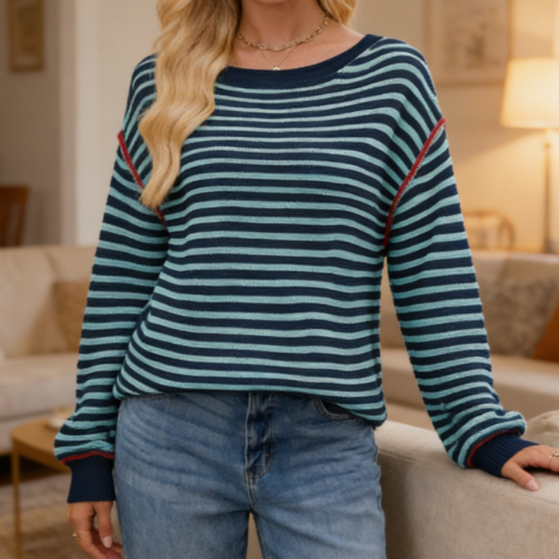 Leichter Streifenpullover Damen – Frühlings-Strick Rundhals, Weicher Langarm-Oberteil in Klassischem S-XL