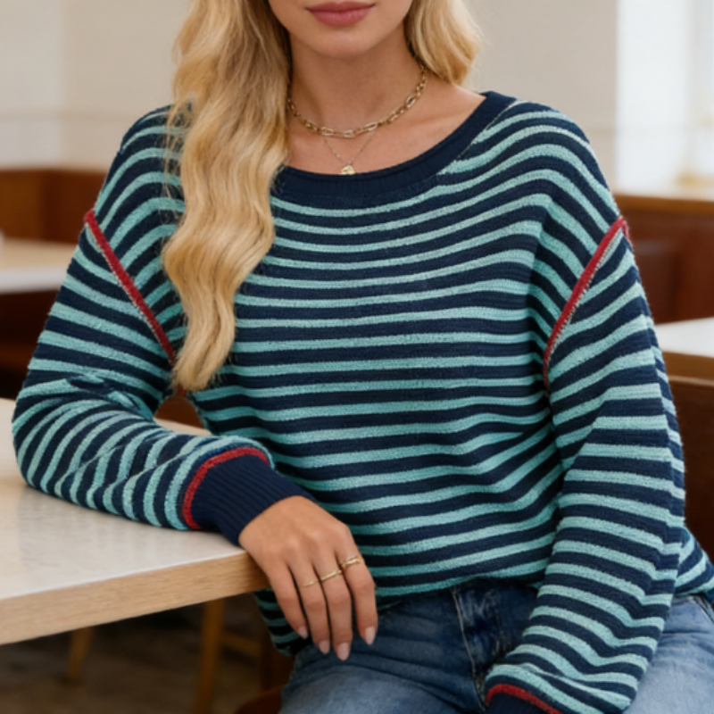 Leichter Streifenpullover Damen – Frühlings-Strick Rundhals, Weicher Langarm-Oberteil in Klassischem S-XL