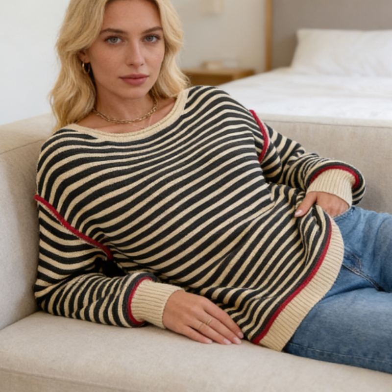 Leichter Streifenpullover Damen – Frühlings-Strick Rundhals, Weicher Langarm-Oberteil in Klassischem S-XL