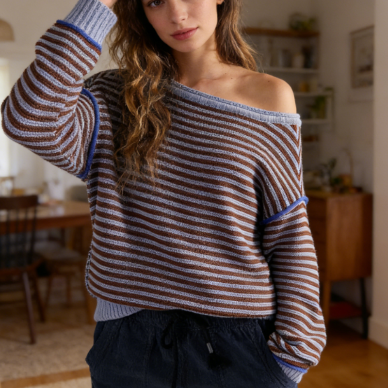 Leichter Streifenpullover Damen – Frühlings-Strick Rundhals, Weicher Langarm-Oberteil in Klassischem S-XL