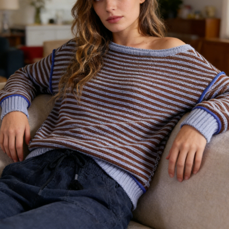 Leichter Streifenpullover Damen – Frühlings-Strick Rundhals, Weicher Langarm-Oberteil in Klassischem S-XL