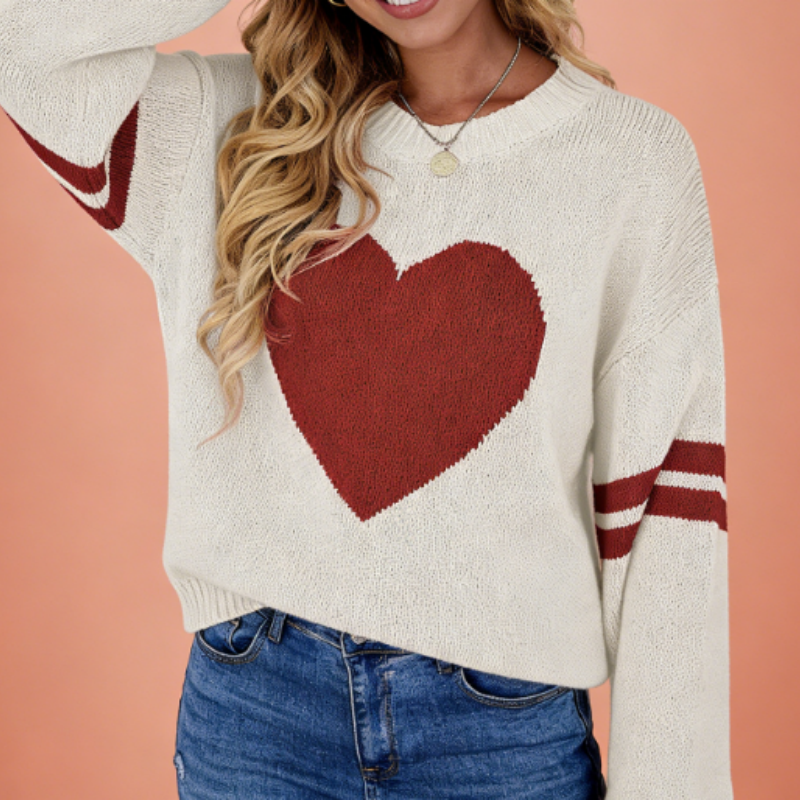 Damen Strickpullover mit Herz-Motiv – Color-Block Rundhals Pulli, Weicher Frühlingsstrick in Kontrastfarben S-XL