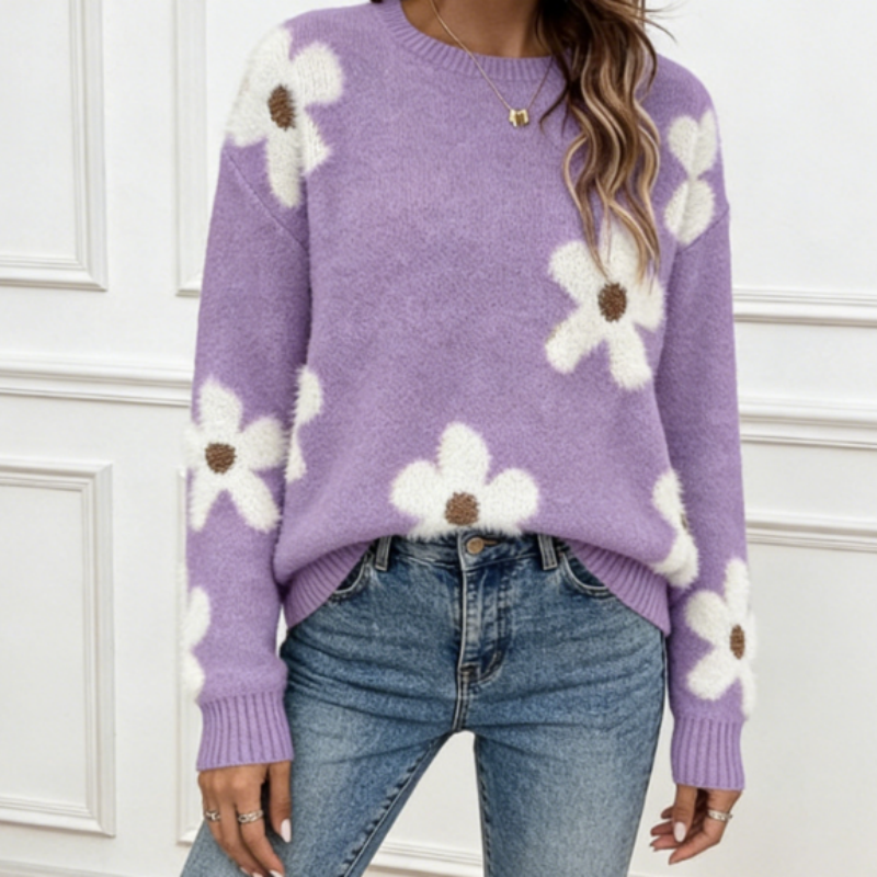 Damen Strickpullover mit Blumen-Jacquard – Frühlingshafter Rundhals Pulli, Vintage-Look Strick mit Floralem Muster S-XL