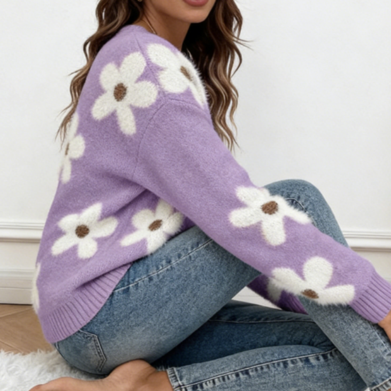 Damen Strickpullover mit Blumen-Jacquard – Frühlingshafter Rundhals Pulli, Vintage-Look Strick mit Floralem Muster S-XL