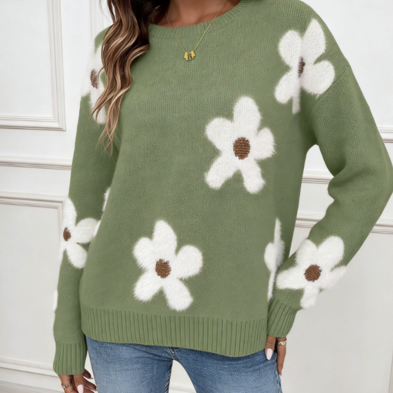 Damen Strickpullover mit Blumen-Jacquard – Frühlingshafter Rundhals Pulli, Vintage-Look Strick mit Floralem Muster S-XL