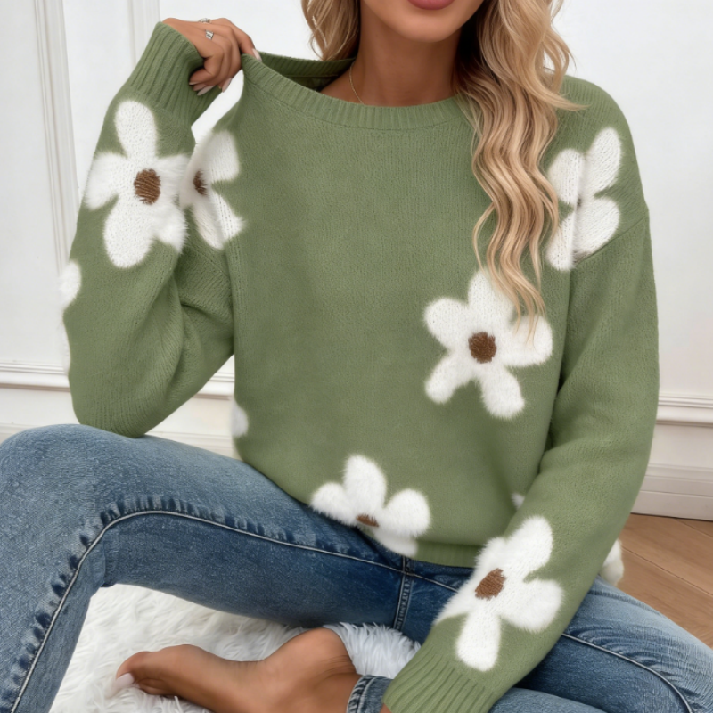 Damen Strickpullover mit Blumen-Jacquard – Frühlingshafter Rundhals Pulli, Vintage-Look Strick mit Floralem Muster S-XL