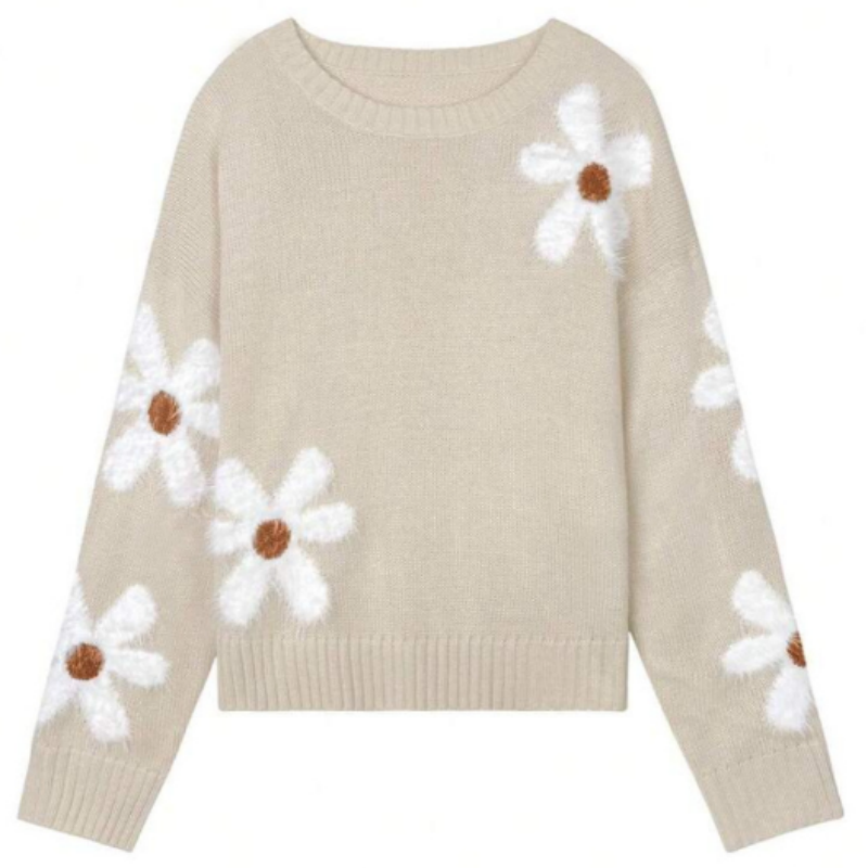 Damen Strickpullover mit Blumen-Jacquard – Frühlingshafter Rundhals Pulli, Vintage-Look Strick mit Floralem Muster S-XL