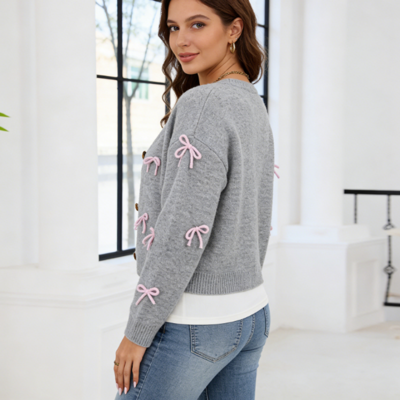 Damen Strickjacke mit 3D-Schleifen – V-Ausschnitt Cardigan Locker, Weicher Frühlingsstrick mit Verspielten Details S-XL