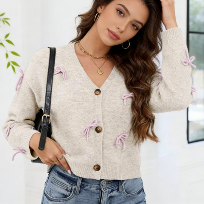 Damen Strickjacke mit 3D-Schleifen – V-Ausschnitt Cardigan Locker, Weicher Frühlingsstrick mit Verspielten Details S-XL