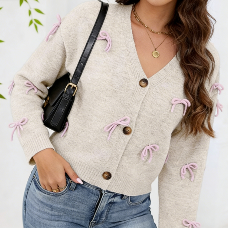 Damen Strickjacke mit 3D-Schleifen – V-Ausschnitt Cardigan Locker, Weicher Frühlingsstrick mit Verspielten Details S-XL