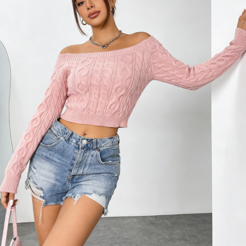 Damen Off-Shoulder Stricktop Rosa – Kurz geschnittenes Schulterfreies Oberteil, Figurbetonter Frühlings-Pulli in Pastellrosa S-XL