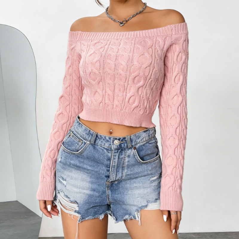 Damen Off-Shoulder Stricktop Rosa – Kurz geschnittenes Schulterfreies Oberteil, Figurbetonter Frühlings-Pulli in Pastellrosa S-XL