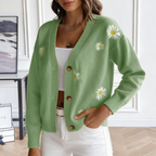 Damen Strickjacke mit Gänseblümchen-Stickerei – V-Ausschnitt Cardigan Locker, Weicher Frühlingsstrick mit Floralem Muster S-XL