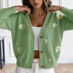 Damen Strickjacke mit Gänseblümchen-Stickerei – V-Ausschnitt Cardigan Locker, Weicher Frühlingsstrick mit Floralem Muster S-XL