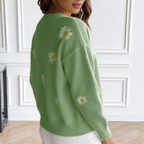 Damen Strickjacke mit Gänseblümchen-Stickerei – V-Ausschnitt Cardigan Locker, Weicher Frühlingsstrick mit Floralem Muster S-XL