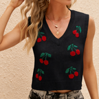 Damen Strickweste mit Kirsch-Jacquard – Ärmelloser Kurz-Pullunder, Süßer Strick-Veste für Layering-Looks im Frühling