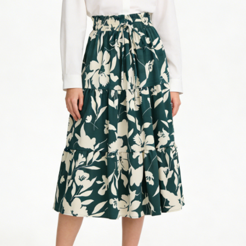 A-Linien Rock Damen mit Botanischem Print - Sommerlicher Plissee-Midirock, Luftig