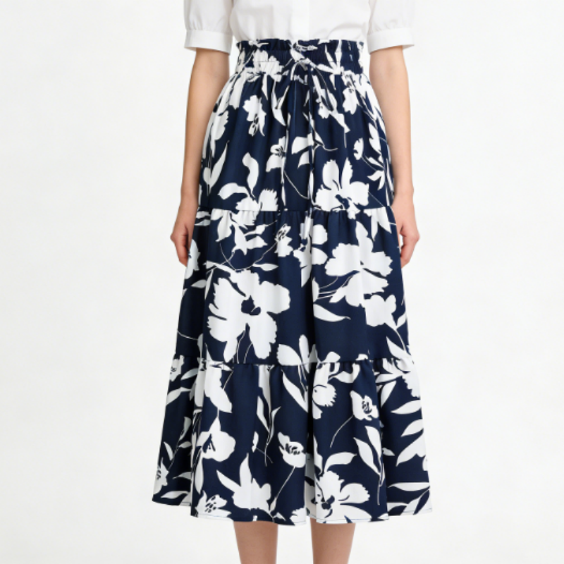 A-Linien Rock Damen mit Botanischem Print - Sommerlicher Plissee-Midirock, Luftig