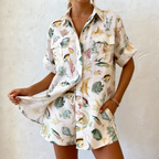 Damen Sommer-Set Leinen-Optik mit Fisch-Print - Maritimes Hemd & Shorts Set, Urlaub