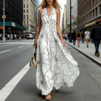 Damen Halterneck-Maxikleid Weiß: Elegantes Sommerkleid mit großem Blumenprint & V-Ausschnitt, Luftiges Boho-Kleid für Strand & Gartenparty, Frühling/Sommer S-2XL