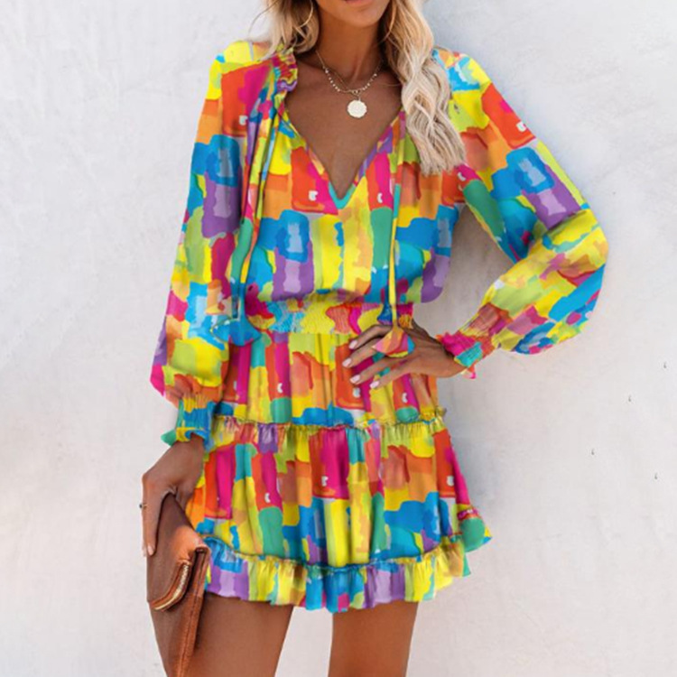 Damen Minikleid Bunt: Elegantes V-Ausschnitt Boho Kleid mit Print, Figurbetontes Langarm Rüschenkleid für Sommer & Party-Events S-2XL