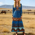 Damen Boho-Maxikleid Blau: Elegantes Langarm Sommerkleid mit Pferde-Print & V-Ausschnitt, Ethno-Style Freizeitkleid für Frühling/Sommer S-2XL