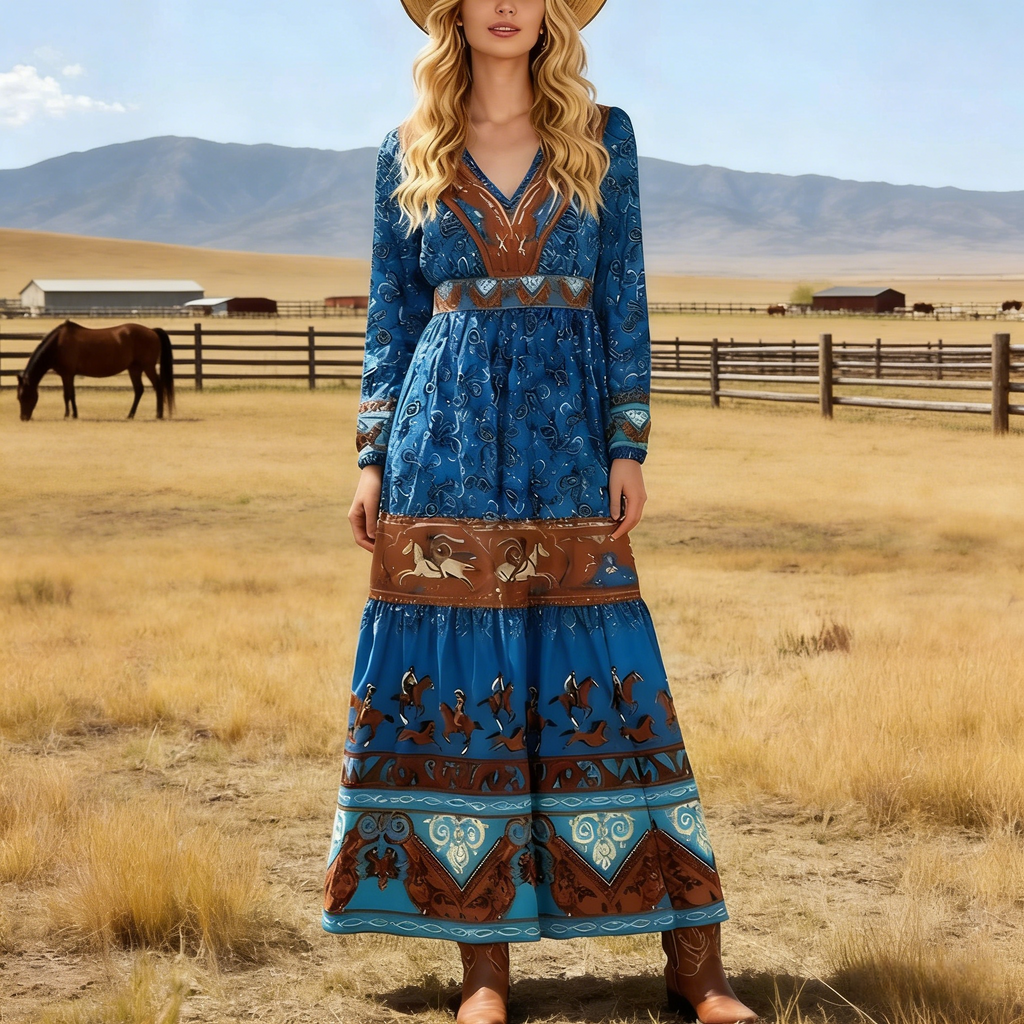 Damen Boho-Maxikleid Blau: Elegantes Langarm Sommerkleid mit Pferde-Print & V-Ausschnitt, Ethno-Style Freizeitkleid für Frühling/Sommer S-2XL