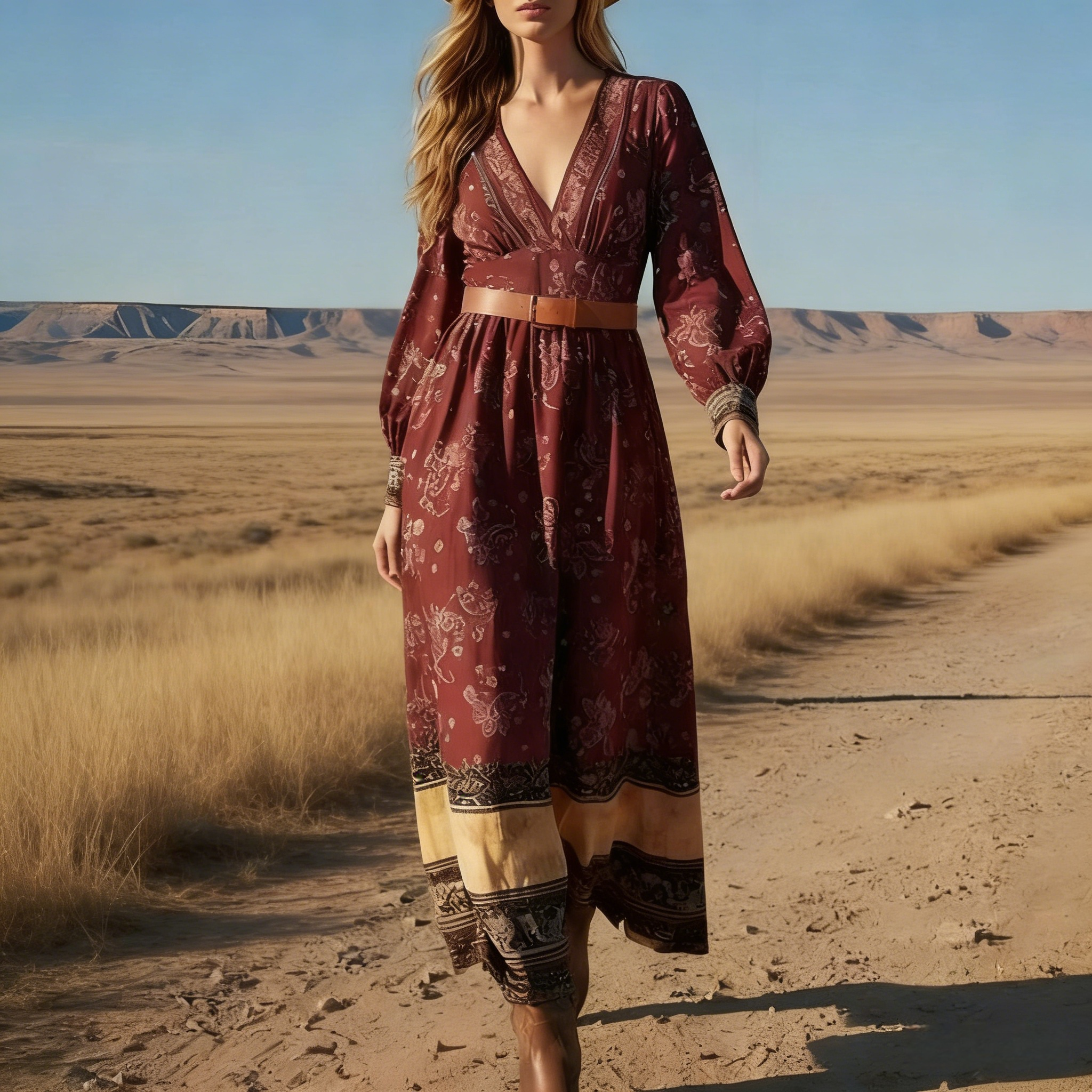 Damen Boho-Maxikleid Weinrot: Elegantes Langarm Sommerkleid mit Paisley-Print & V-Ausschnitt, Ethno-Style Freizeitkleid für Frühling/Sommer S-2XL