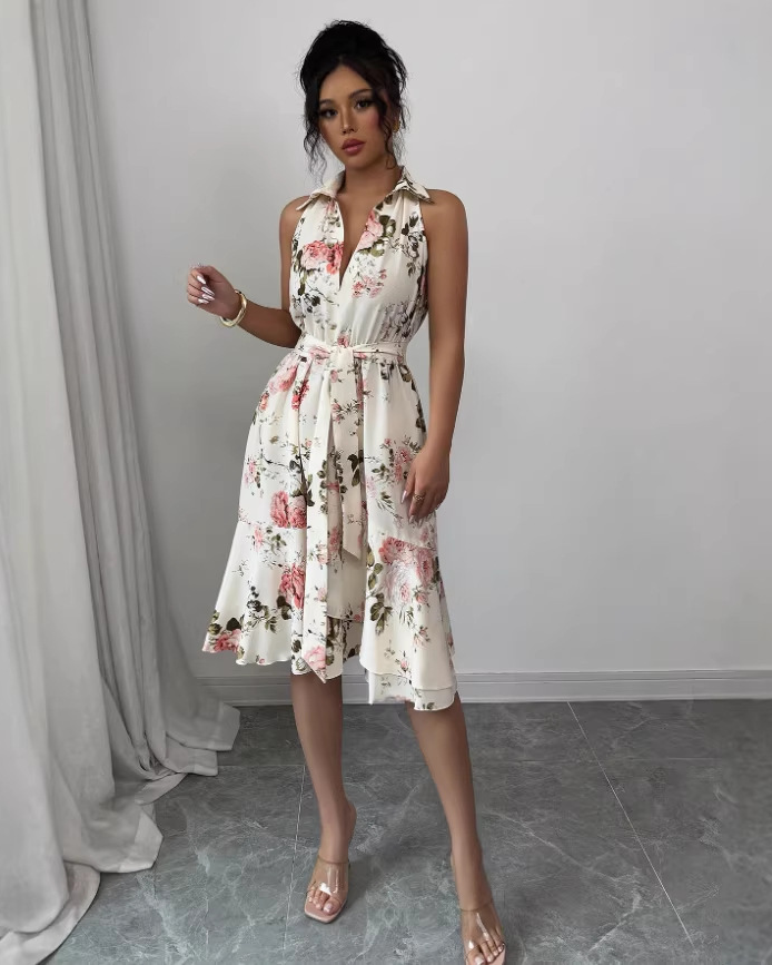 Damen Sommerkleid Cremeweiß: Elegantes Midikleid mit Rosen-Print & Reverskragen, Figurbetontes A-Linien Kleid mit Bindegürtel & Volants für Urlaub & Gartenparty S-XL