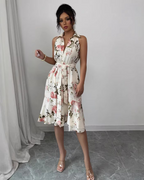 Damen Sommerkleid Cremeweiß: Elegantes Midikleid mit Rosen-Print & Reverskragen, Figurbetontes A-Linien Kleid mit Bindegürtel & Volants für Urlaub & Gartenparty S-XL