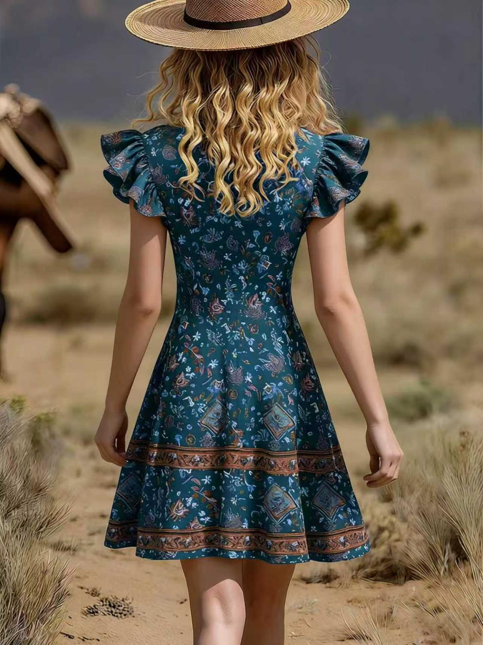 Pfauengrünes Boho-Minikleid: Ethno-Print & Rüschen in Orange-Ocker S-2XL