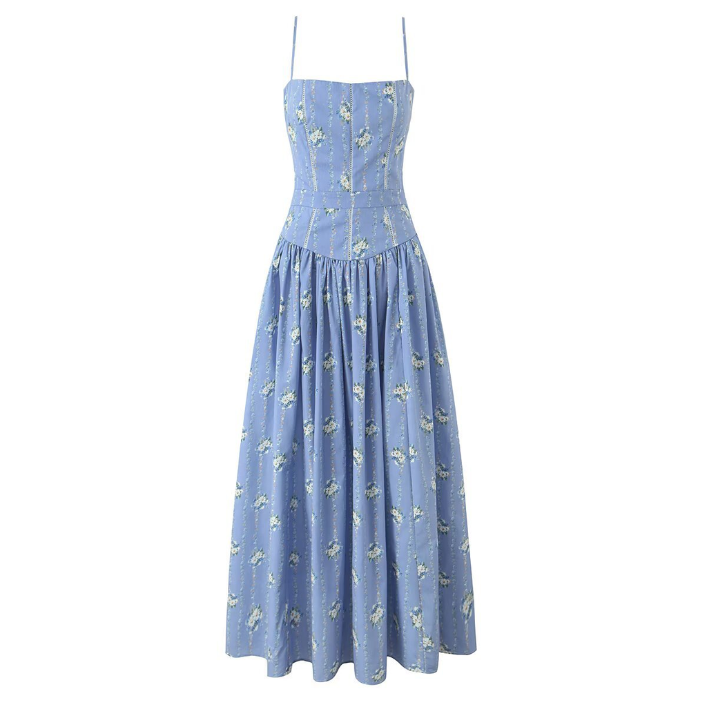 Hellblaues Midi-Sommerkleid mit Blumenmuster: Französischer Stil & Spitze S-L