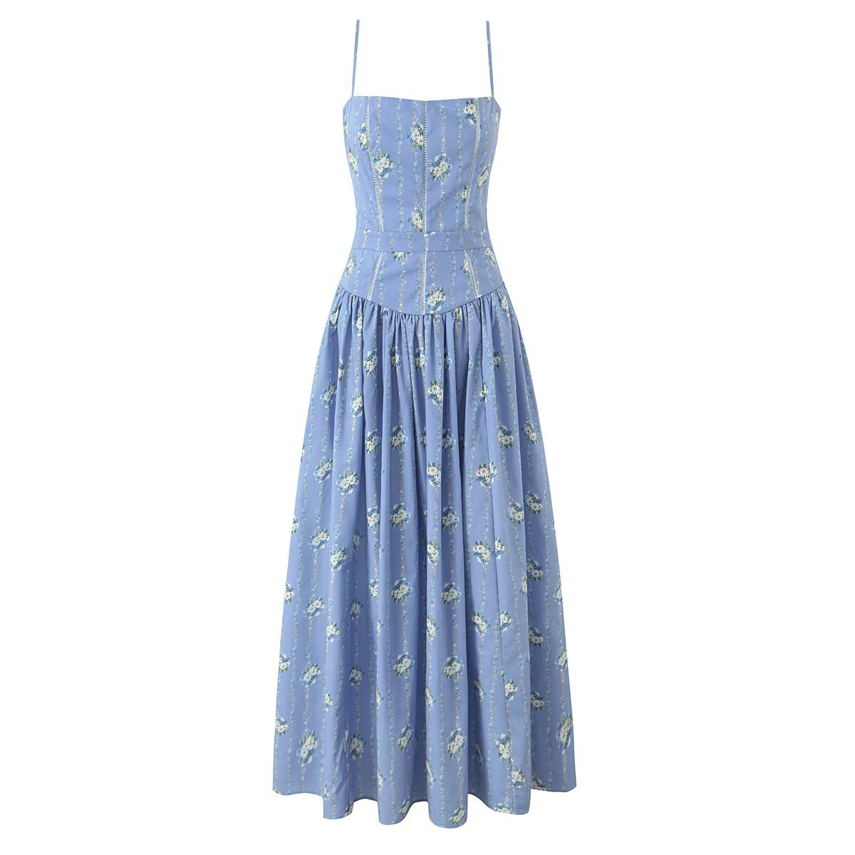 Hellblaues Midi-Sommerkleid mit Blumenmuster: Französischer Stil & Spitze S-L