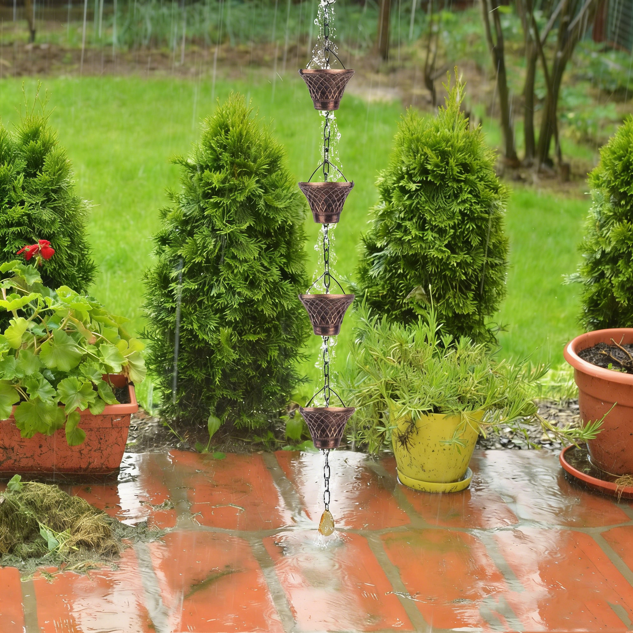 2,8m Regenkette aus Metall – Dekorativer Regenwasser-Ablauf für Dachrinne – Kupfer-Optik Fallrohr-Verlängerung – Wetterfest