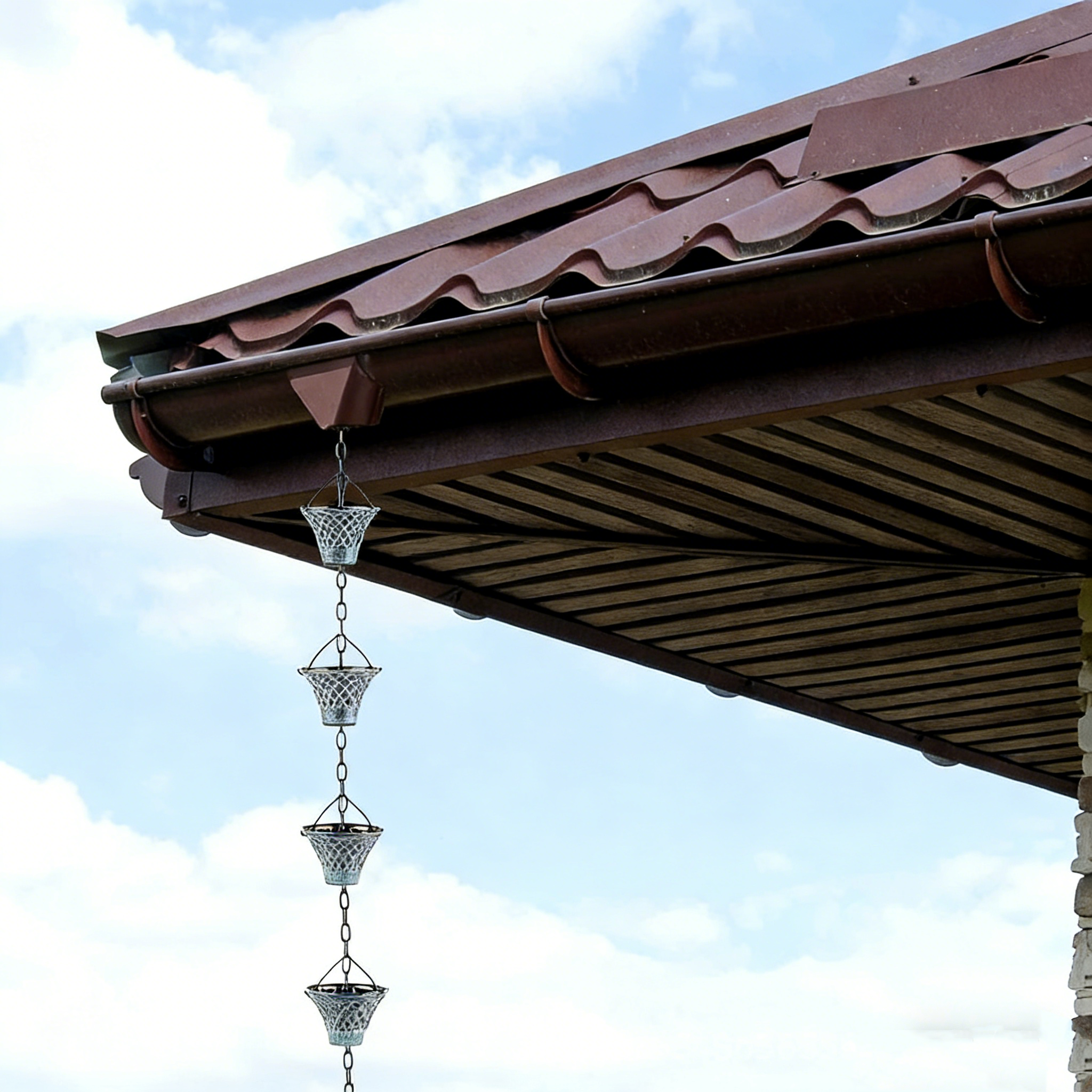 2,8m Regenkette aus Metall – Dekorativer Regenwasser-Ablauf für Dachrinne – Kupfer-Optik Fallrohr-Verlängerung – Wetterfest