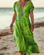 Boho Maxikleid Damen Bunt: Hellgrün Batik-Look, V-Ausschnitt, S-3XL, Ganzjährig