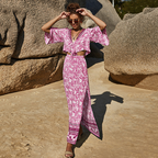 Boho Damen Sommer-Set Pink: Luftiger Zweiteiler mit Blumen-Print, V-Ausschnitt Top & Maxirock mit Schlitz für Urlaub & Strand, Frühling/Sommer S-L