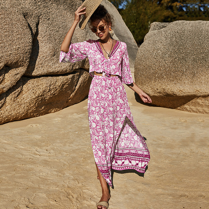 Boho Damen Sommer-Set Pink: Luftiger Zweiteiler mit Blumen-Print, V-Ausschnitt Top & Maxirock mit Schlitz für Urlaub & Strand, Frühling/Sommer S-L