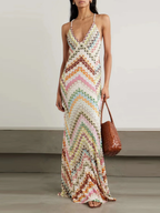 Beiges Boho-Maxikleid: Elegantes Wellenmuster, V-Neck & Halterneck S-XL